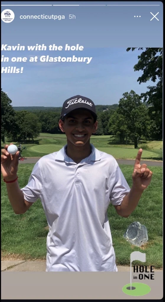 Kavin celebrating a hole-in-one at Glastonbury Hills, shared by Connecticut PGA